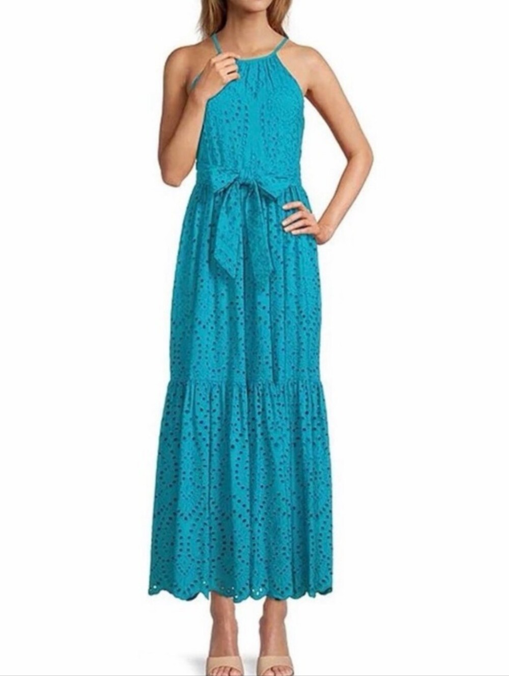 ANTONIO MELANI River Eyelet Maxi Dress Belted Sea Blue Tropical Size 0